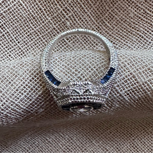 Art Deco Style Sterling Silver and Blue Gemstone Engagement Ring - Picture 4 of 10